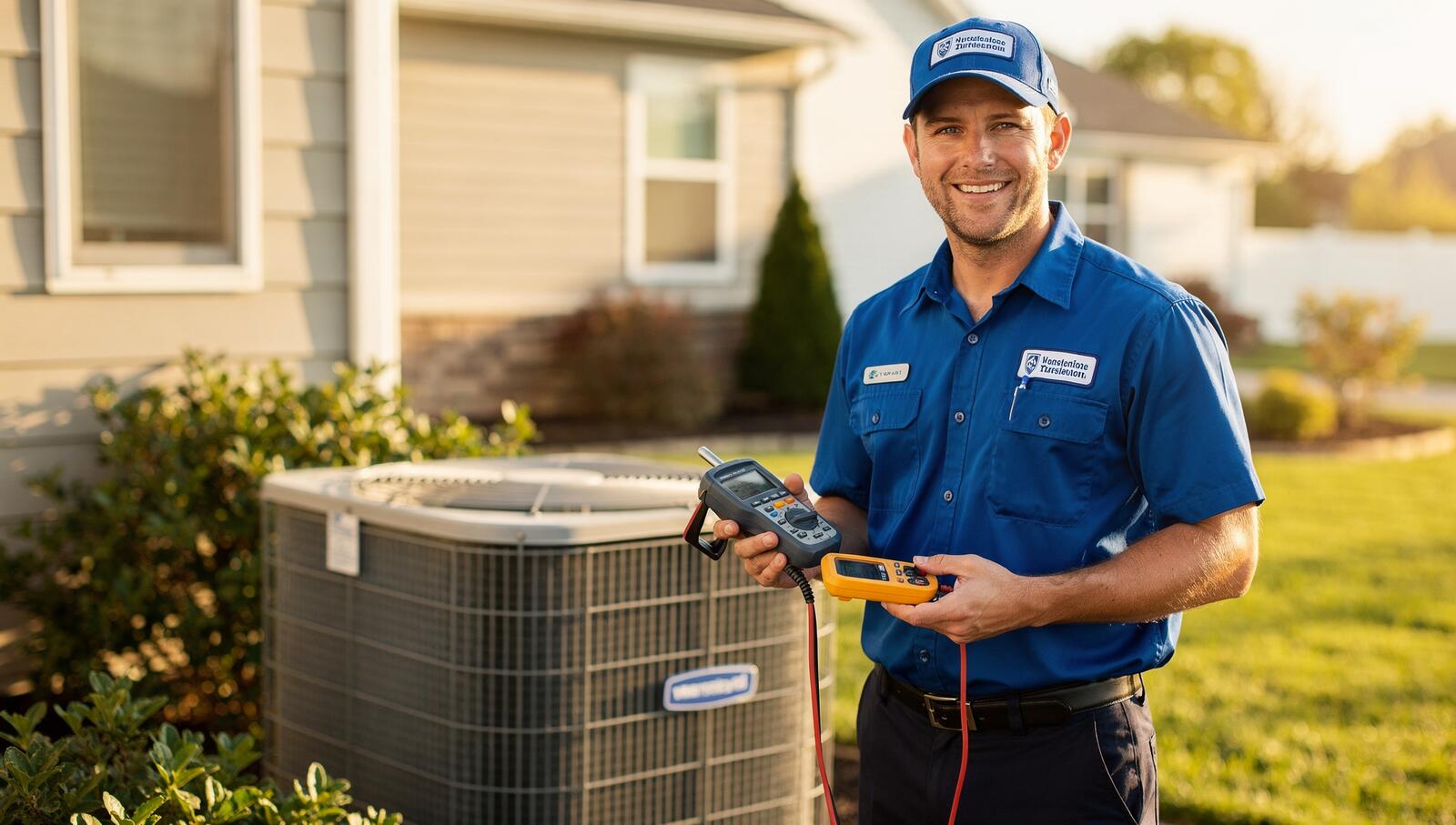 Licensed HVAC technician servicing an air conditioning unit